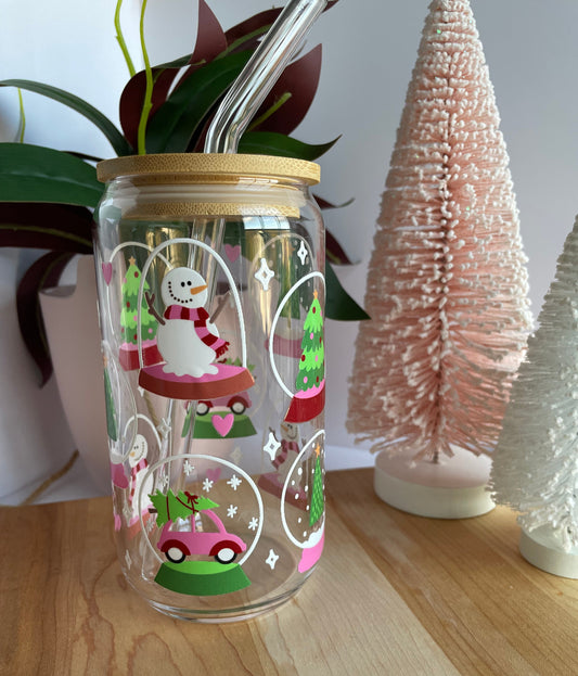 Winter Snowglobes Glass Cup with Bamboo Lid and Glass Straw