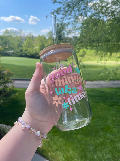 Good Things Take Time Colorful Glass Cup with Bamboo Lid and Glass Straw