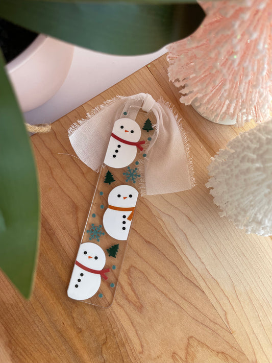 Holiday Snowmen Clear Acrylic Bookmark with Chiffon Ribbon