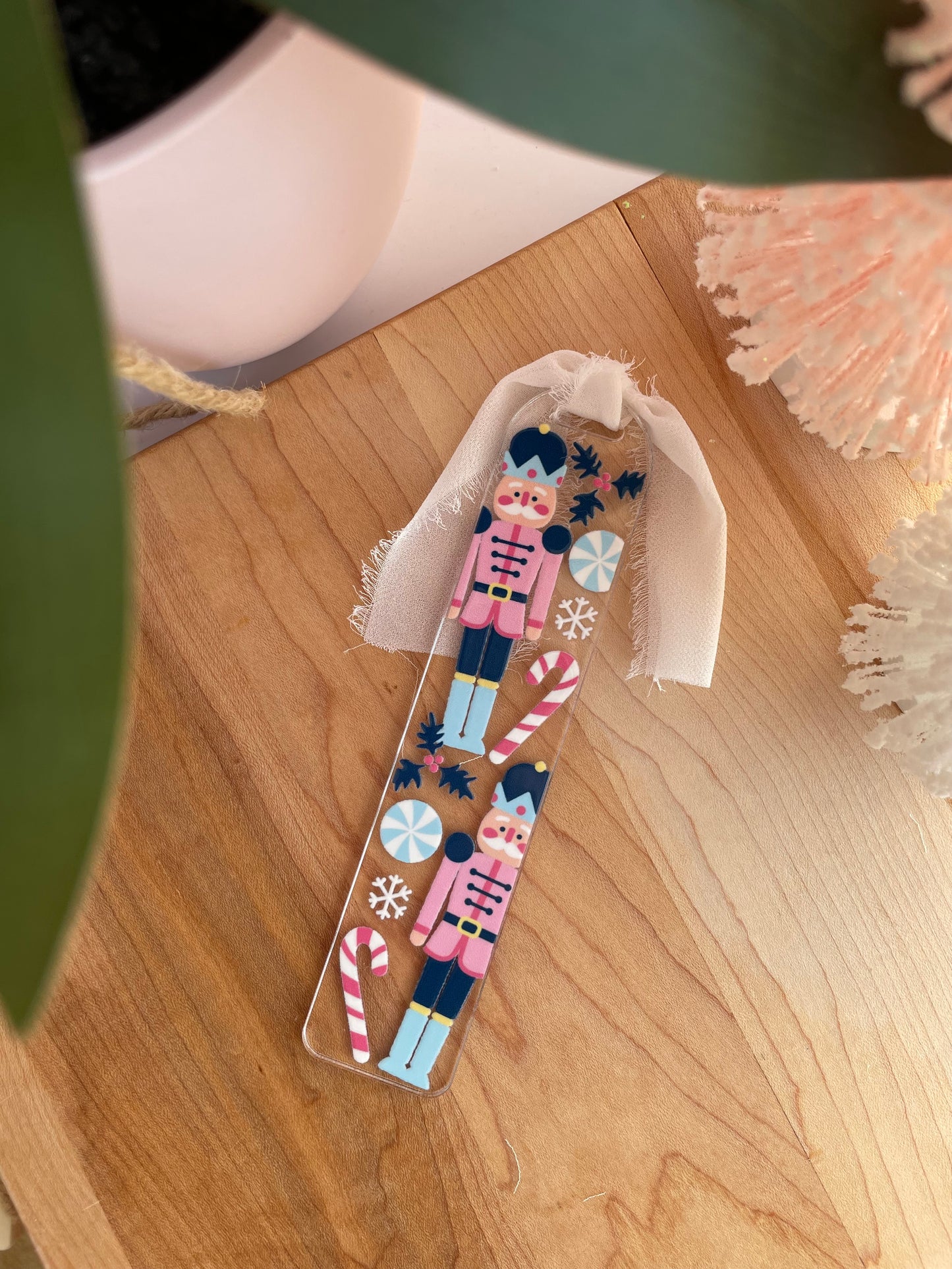 Blue Nutcrackers Holiday Clear Acrylic Bookmark with Chiffon Ribbon