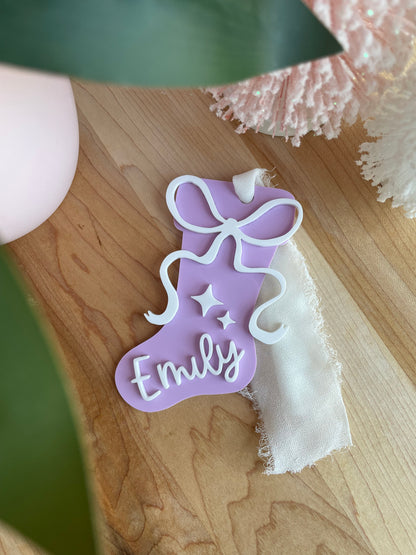 Holiday Stocking Custom Name Gift Tag with Chiffon Ribbon