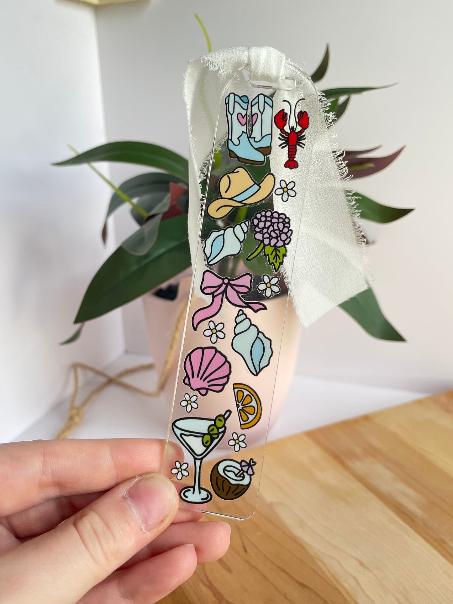 Coastal Girlie Clear Acrylic Bookmark with Chiffon Ribbon