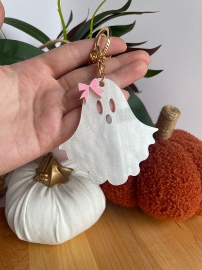 Pearl White Ghostie Bow Keychain with Gold Features by