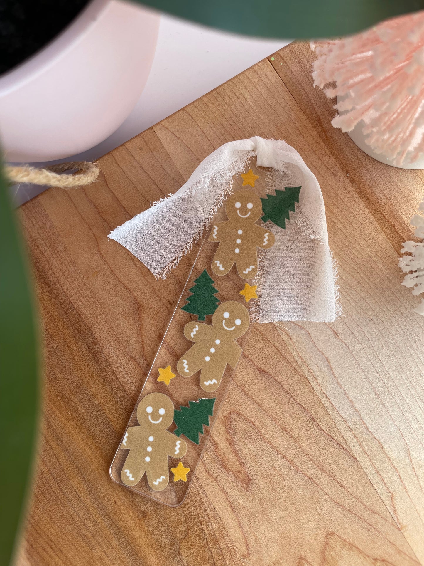 Stars, Gingerbread, and Trees Clear Acrylic Bookmark with Chiffon Ribbon