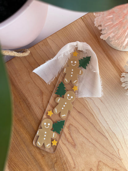 Stars, Gingerbread, and Trees Clear Acrylic Bookmark with Chiffon Ribbon