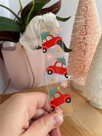 Red Christmas Truck Clear Acrylic Bookmark with Chiffon Ribbon