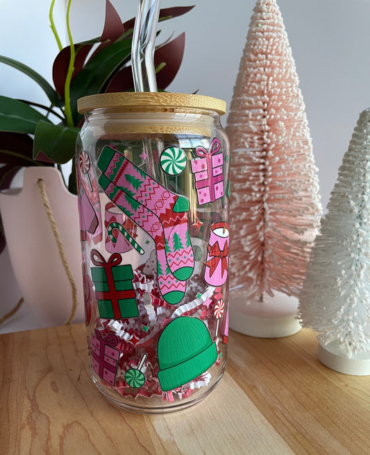 Colorful Festive Holiday Glass Cup with Bamboo Lid and Glass Straw