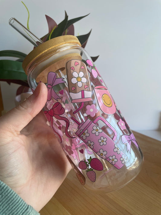 Pink Groovy Girly Glass Cup with Bamboo Lid and Glass Straw