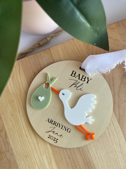 Arriving Baby Stork Wooden Gift Tag with Chiffon Ribbon
