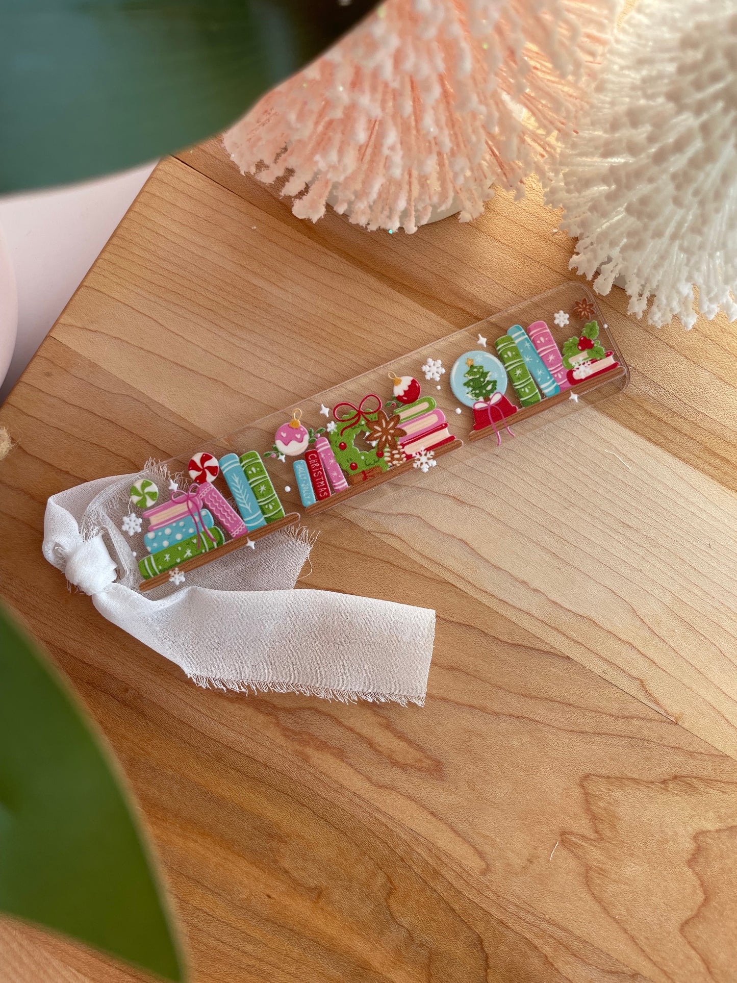 Christmas Bookshelf Clear Acrylic Bookmark with Chiffon Ribbon