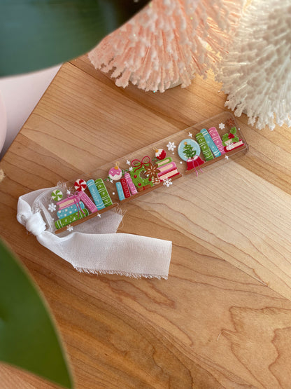Christmas Bookshelf Clear Acrylic Bookmark with Chiffon Ribbon
