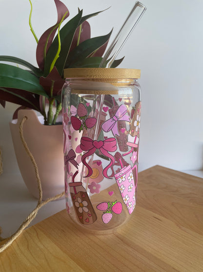 Pink Groovy Girly Glass Cup with Bamboo Lid and Glass Straw
