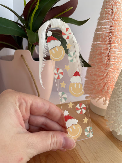 Santa Smiley Faces and Candies Clear Acrylic Bookmark with Chiffon Ribbon