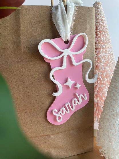 Holiday Stocking Custom Name Gift Tag with Chiffon Ribbon