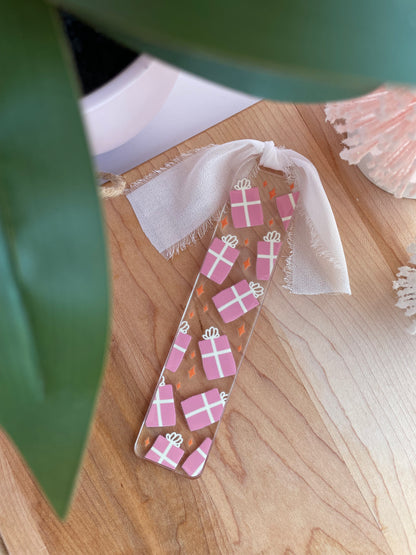 Pretty Pink Presents Holiday Clear Acrylic Bookmark with Chiffon Ribbon