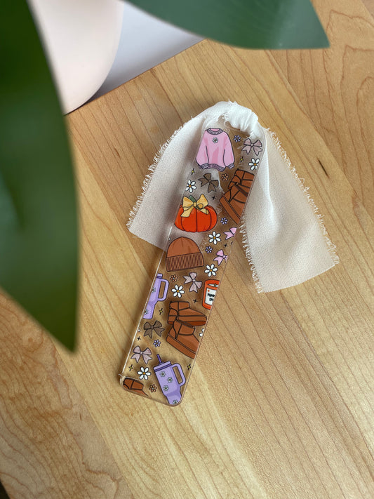 Comfy Fall Outfit Clear Acrylic Bookmark with Chiffon Ribbon