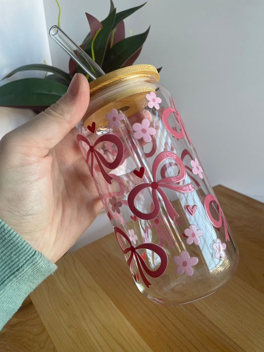 Pretty Pink Bows and Flowers Glass Cup with Bamboo Lid and Glass Straw