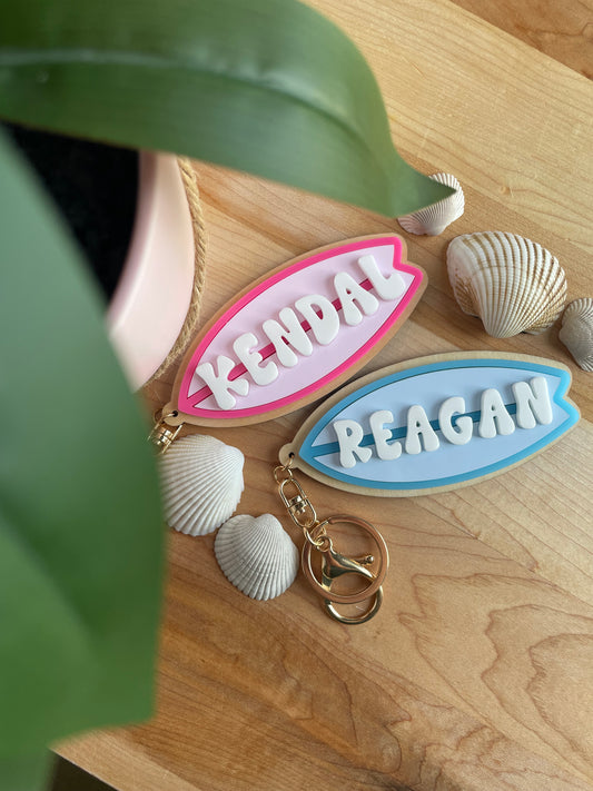 Custom Colorful Surfboard Keychain with Gold Features