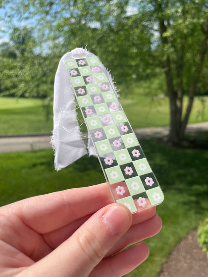 Light Green and Pink Checkered Flowers Clear Acrylic Bookmark with Chiffon Ribbon