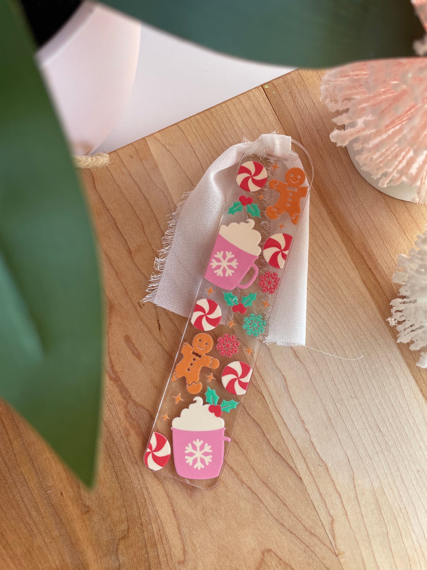 Cute Gingerbread Cookies and Hot Cocoa Clear Acrylic Bookmark with Chiffon Ribbon