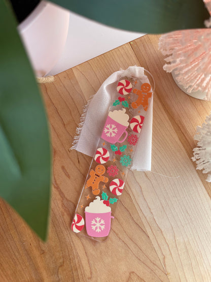 Cute Gingerbread Cookies and Hot Cocoa Clear Acrylic Bookmark with Chiffon Ribbon