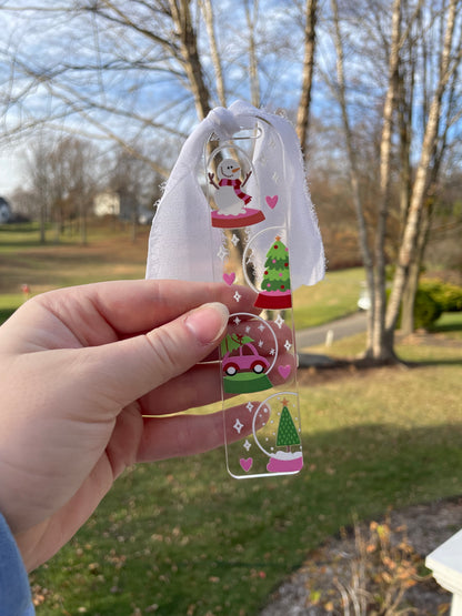 Festive Snowglobes Winter Clear Acrylic Bookmark with Chiffon Ribbon
