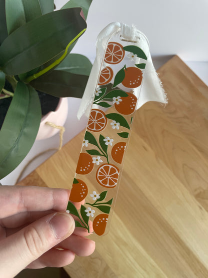 Summer Oranges Clear Acrylic Bookmark with Chiffon Ribbon