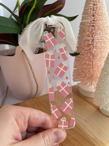 Pretty Pink Presents Holiday Clear Acrylic Bookmark with Chiffon Ribbon