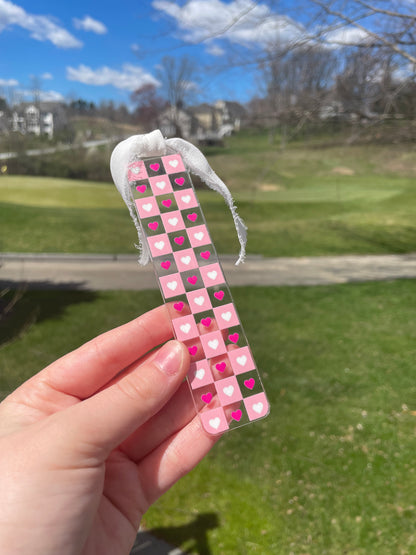 Pink and Red Checkered Hearts Clear Acrylic Bookmark with Chiffon Ribbon