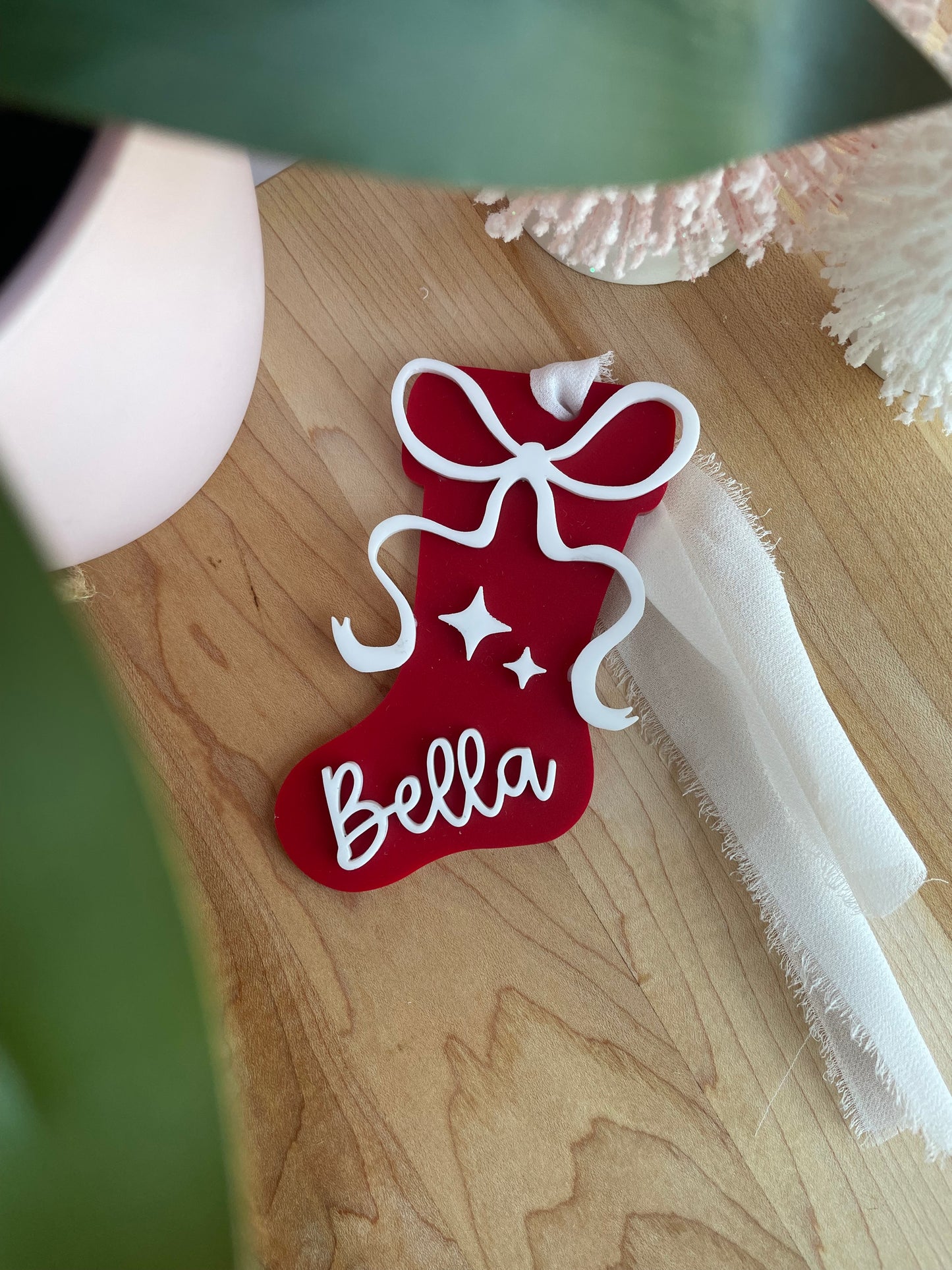 Holiday Stocking Custom Name Gift Tag with Chiffon Ribbon