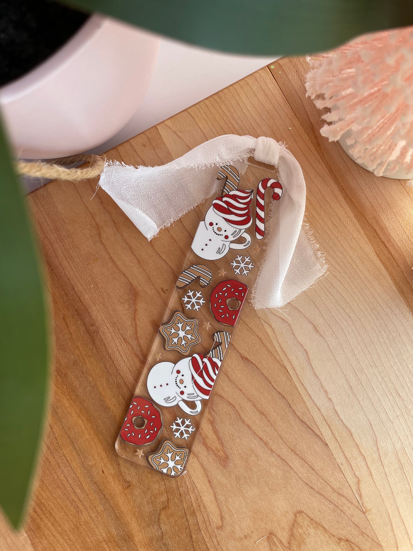 Hot Chocolate and Cookies Clear Acrylic Bookmark with Chiffon Ribbon