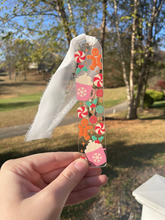 Cute Gingerbread Cookies and Hot Cocoa Clear Acrylic Bookmark with Chiffon Ribbon