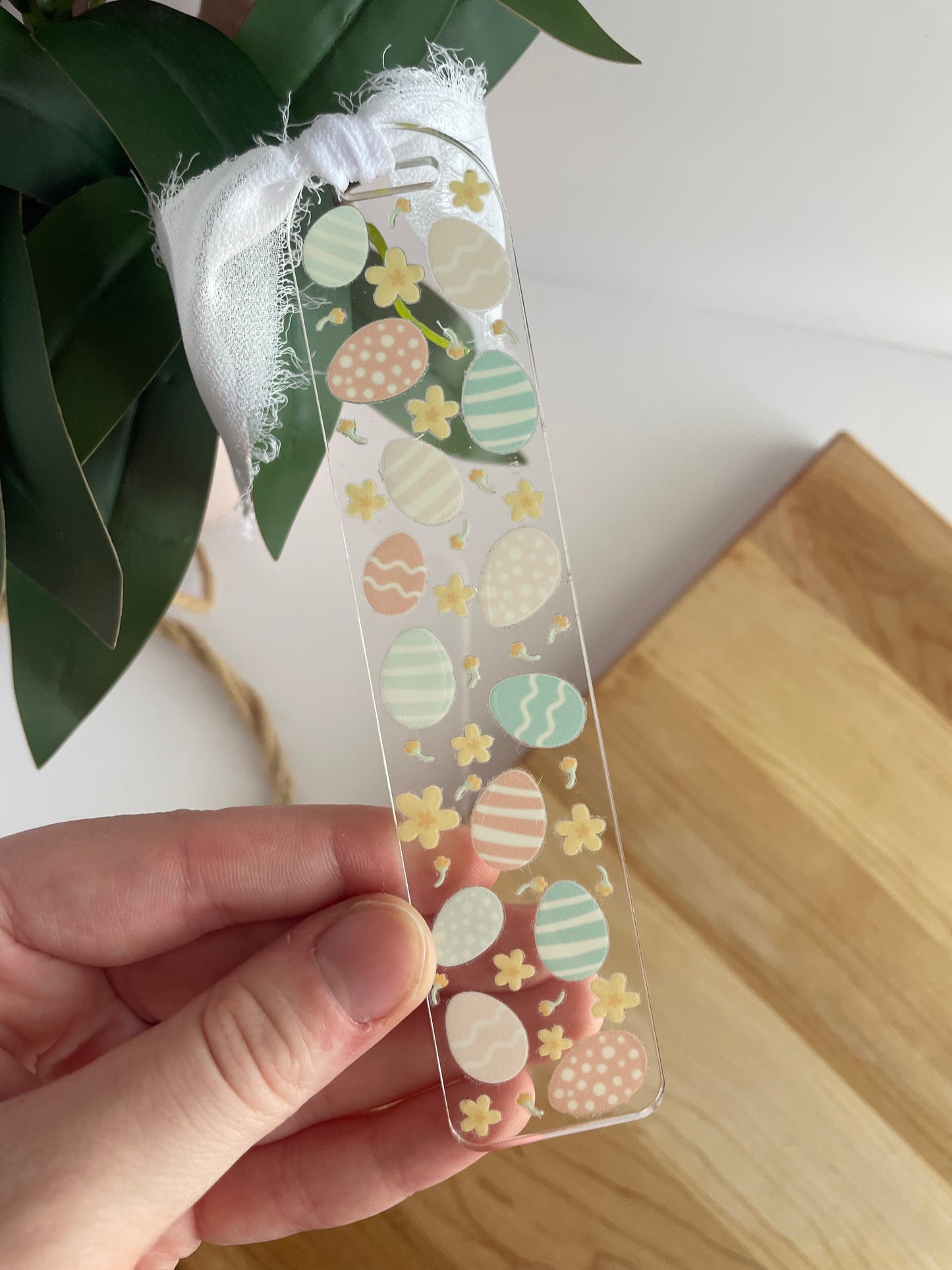 Pastel Easter Eggs Clear Acrylic Bookmark with Chiffon Ribbon