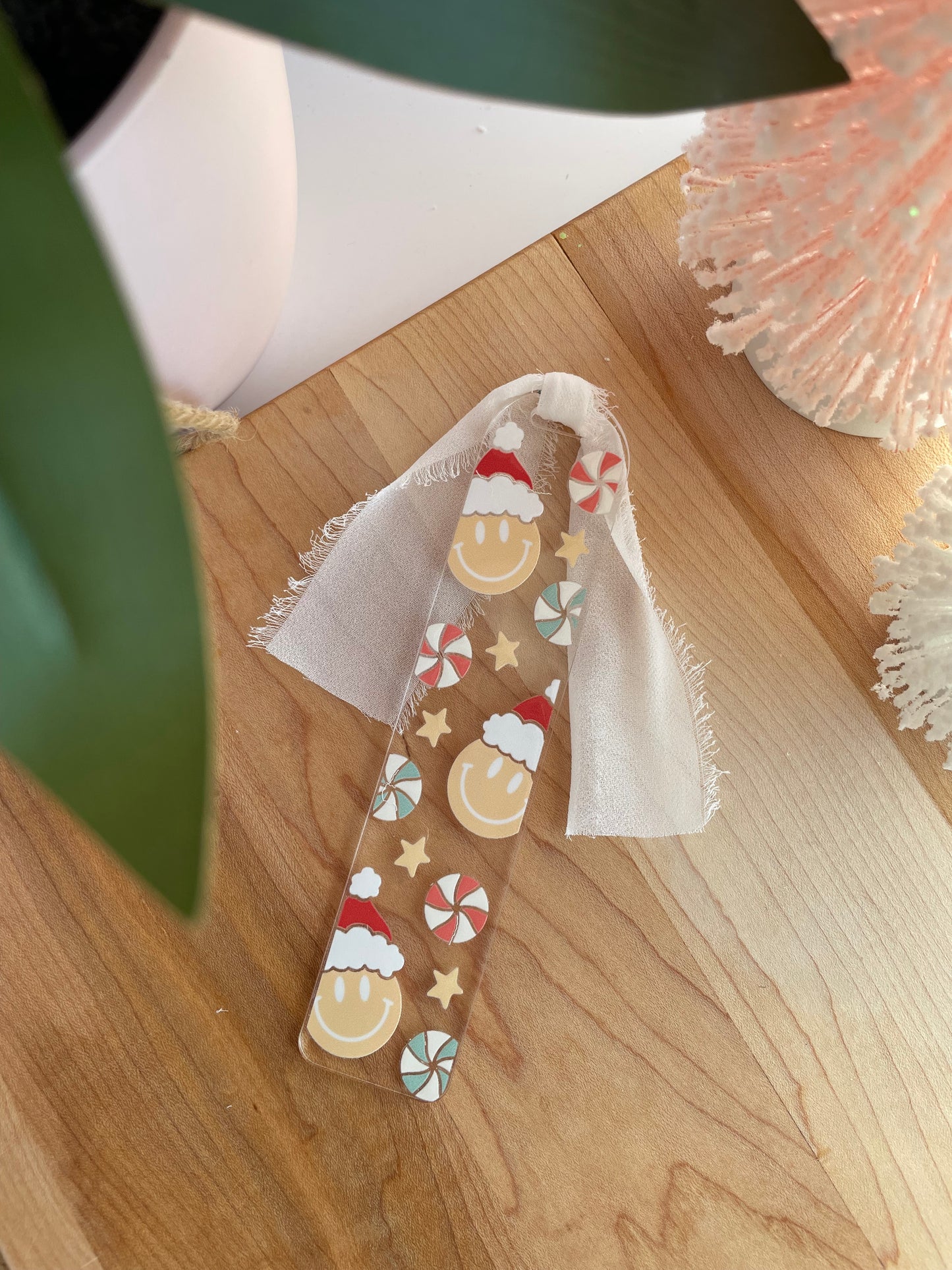 Santa Smiley Faces and Candies Clear Acrylic Bookmark with Chiffon Ribbon
