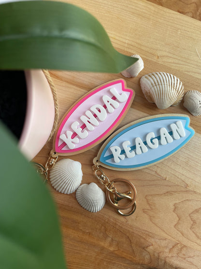 Custom Colorful Surfboard Keychain with Gold Features