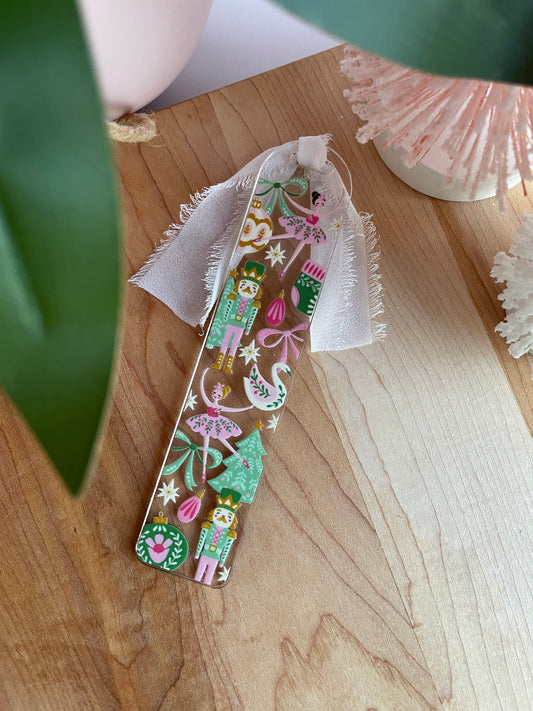 Beautiful Nutcrackers and Ornaments Clear Acrylic Bookmark with Chiffon Ribbon