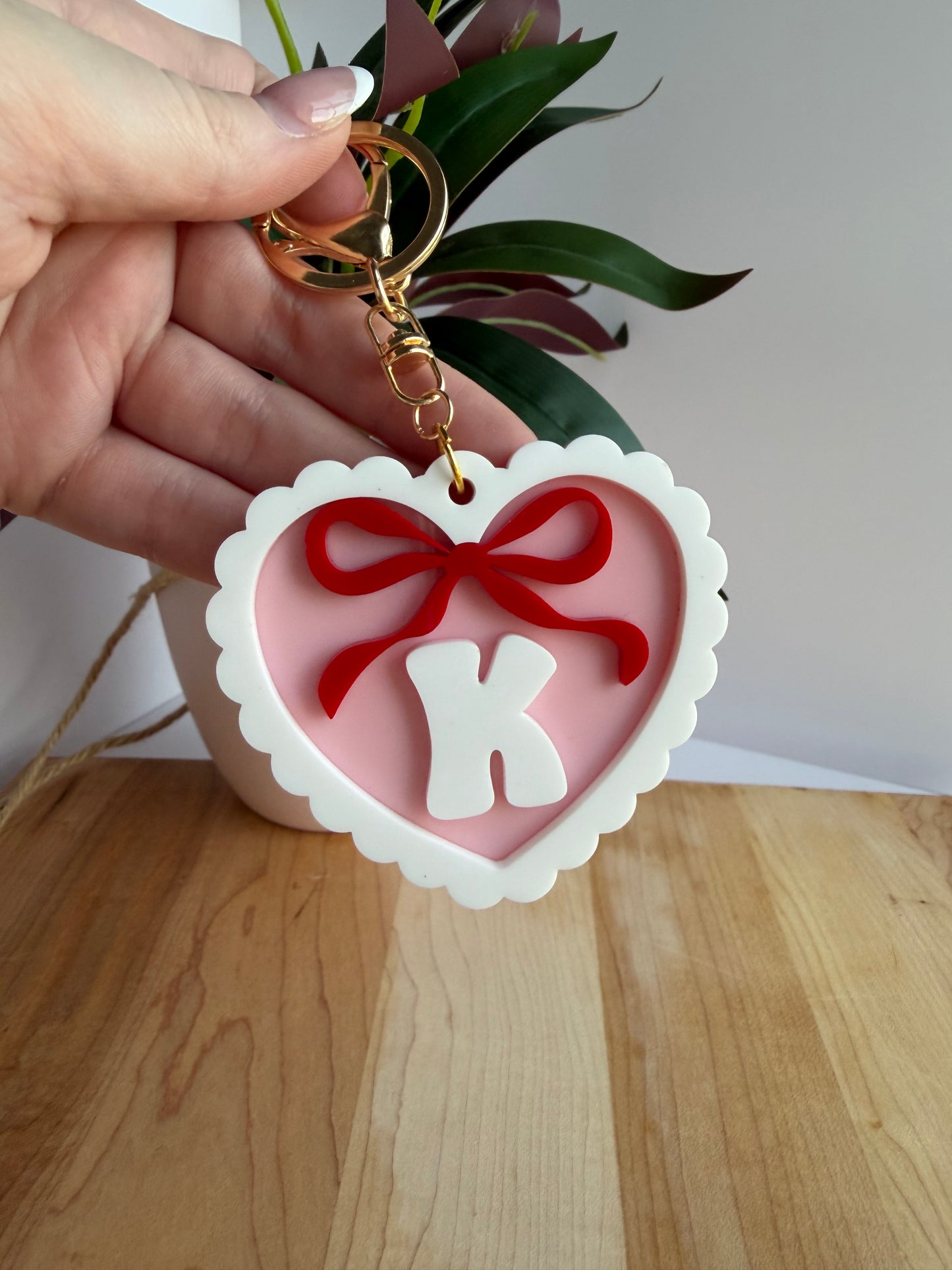 Pink Scalloped Heart with a Bow Custom Acrylic Keychain with Gold Features