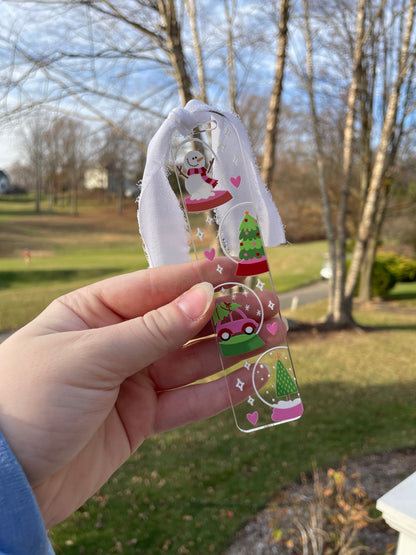 Festive Snowglobes Winter Clear Acrylic Bookmark with Chiffon Ribbon