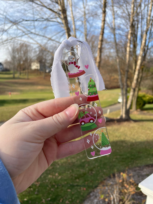 Festive Snowglobes Winter Clear Acrylic Bookmark with Chiffon Ribbon