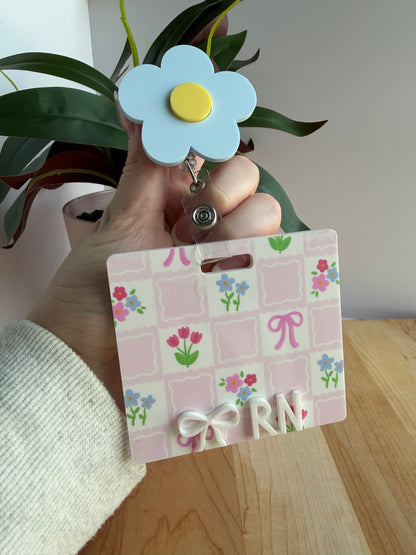 Checkered Floral Badge Reel and Backer Bundle