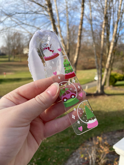 Festive Snowglobes Winter Clear Acrylic Bookmark with Chiffon Ribbon