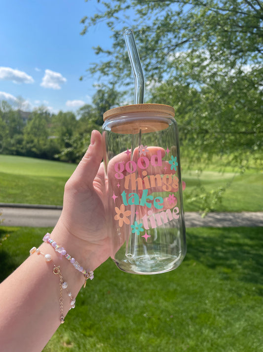 Good Things Take Time Colorful Glass Cup with Bamboo Lid and Glass Straw