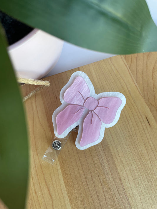 Pearl Pink and White Bow Acrylic Badge Reel