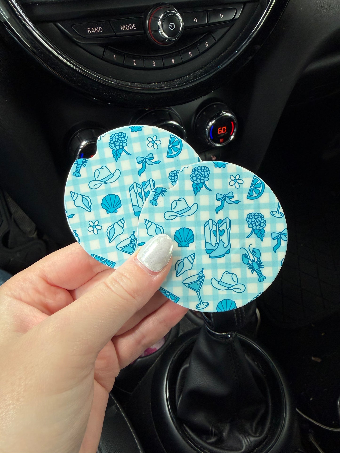 Blue Coastal Checkered Car Coasters