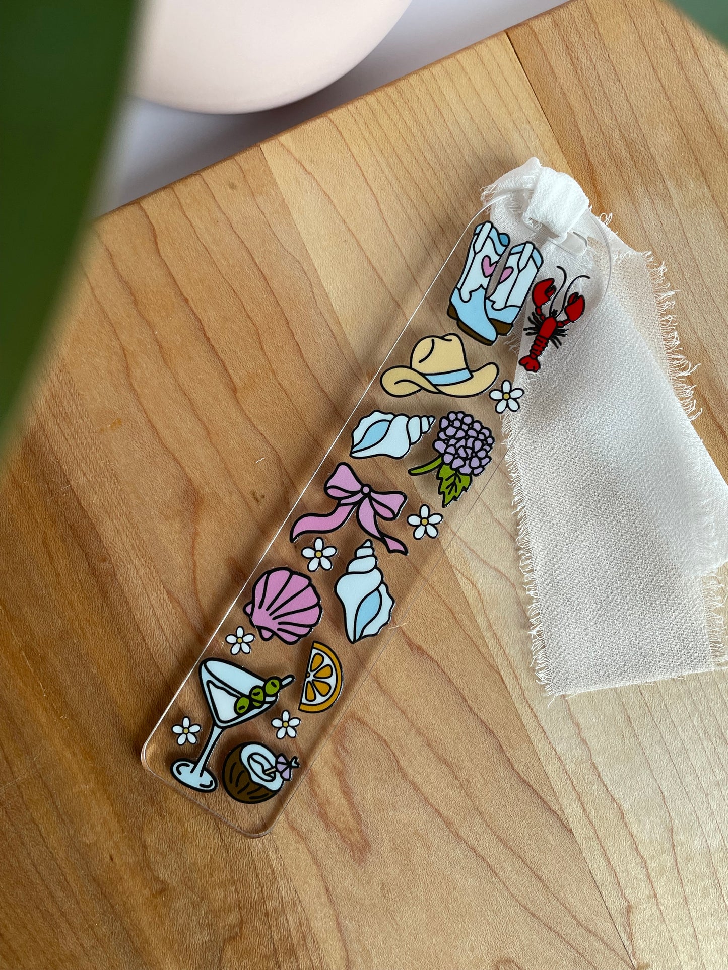 Coastal Girlie Clear Acrylic Bookmark with Chiffon Ribbon