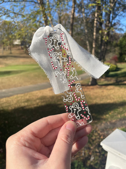White Gingerbread Men and Candy Canes Clear Acrylic Bookmark with Chiffon Ribbon