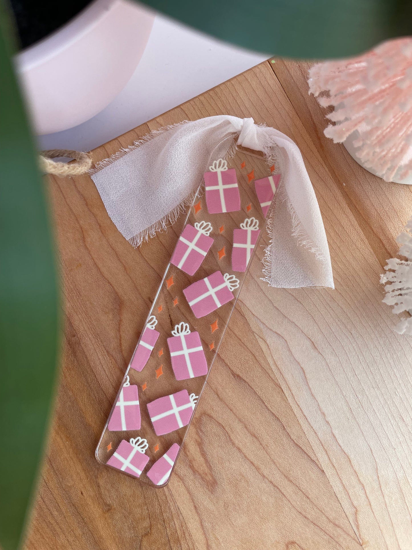 Pretty Pink Presents Holiday Clear Acrylic Bookmark with Chiffon Ribbon