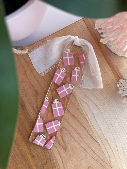 Pretty Pink Presents Holiday Clear Acrylic Bookmark with Chiffon Ribbon