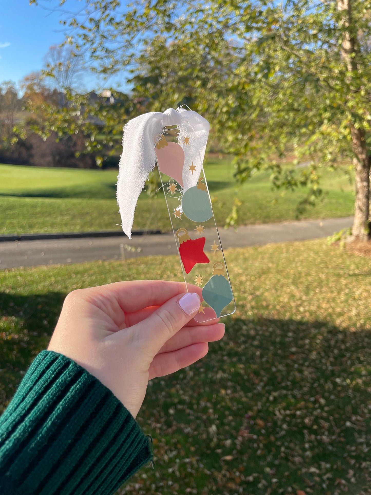 Christmas Ornaments Clear Acrylic Bookmark with Chiffon Ribbon