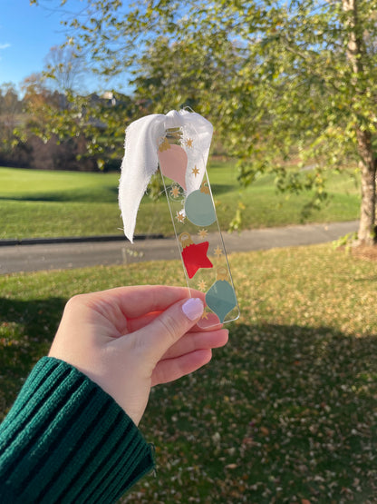 Christmas Ornaments Clear Acrylic Bookmark with Chiffon Ribbon